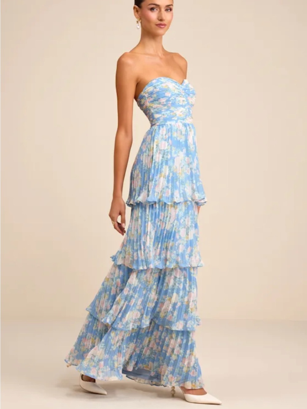 Lulus Seriously Sensational Blue Floral Strapless Tiered Maxi Dress - Size M - Picture 5 of 6